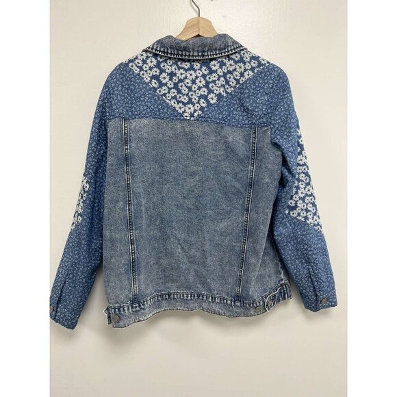 Avec Les Filles Denim Combo Trucker Jacket Size Medium Floral Patchwork Blue - Picture 7 of 10